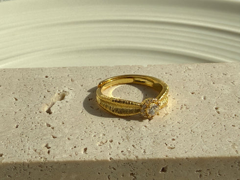 Gold Matt Sunflower Zirconia Ring – Elegant & Trendy